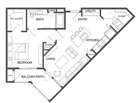 Floor plan for 1 bed, 1 bath, 833 sqft